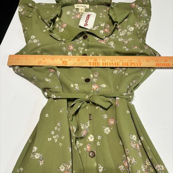 Monteau Floral Midi Dress L Green Button Front Belted Cottagecore Prairie - Picture 4 of 6